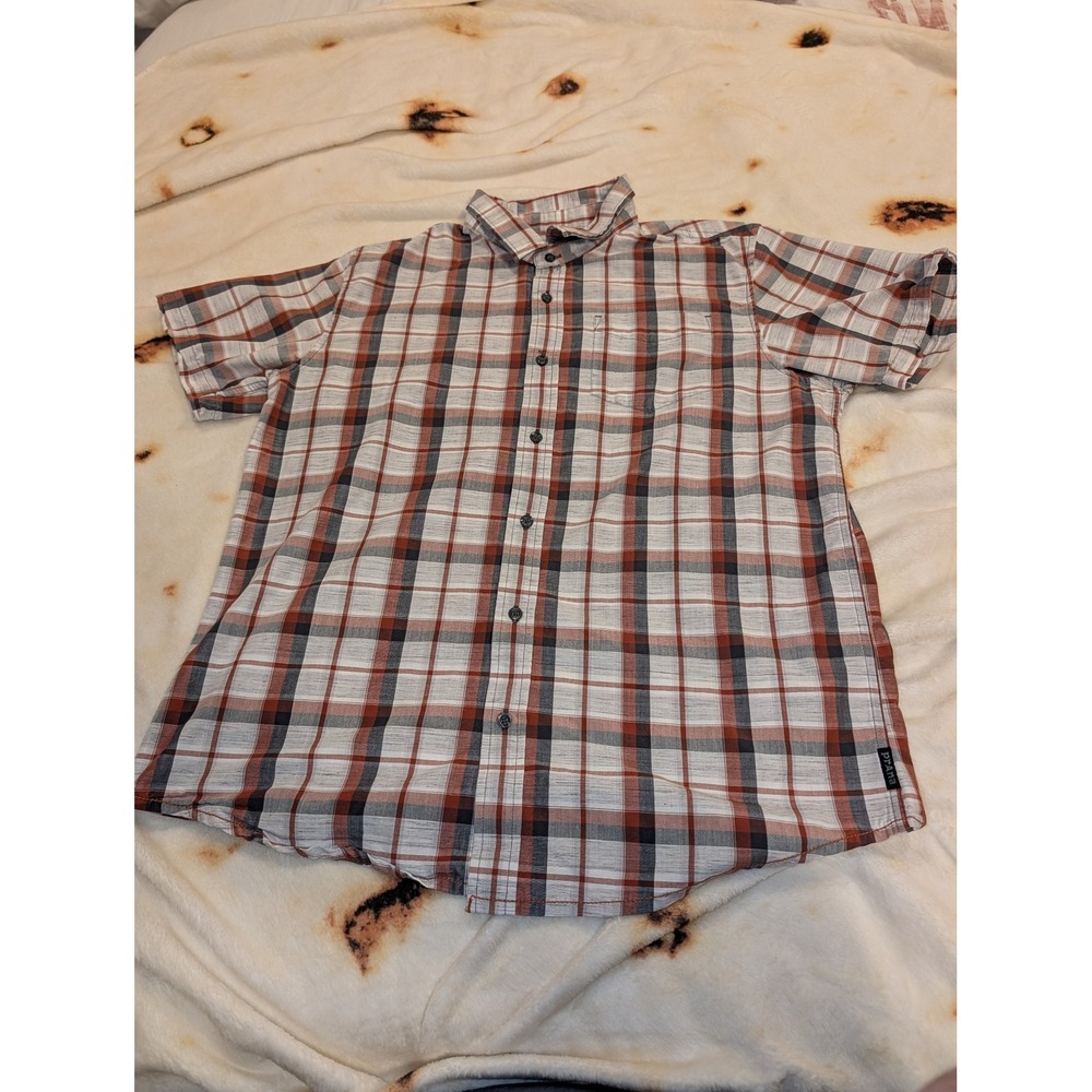 Prana Mens Large Short Sleeve Button Down Plaid Shirt Orange Grey Outdoor